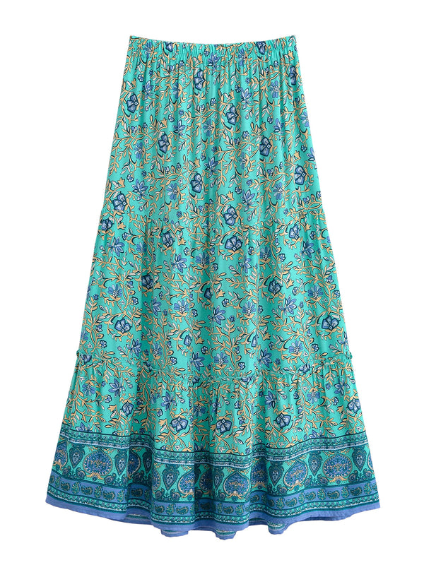 Lagoon Blossom Floral Print Boho Maxi Skirt