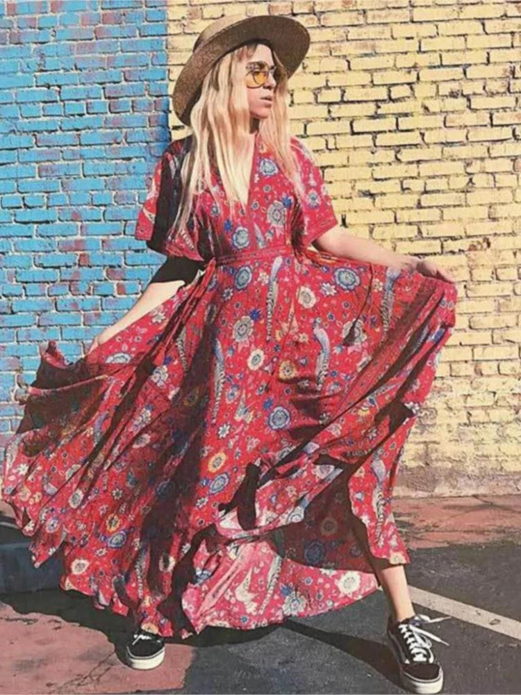 Red Songbird Boho Floral Print Midi Dress Red / S