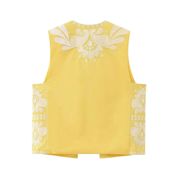 Yellow Boho Floral Embroidered Vest