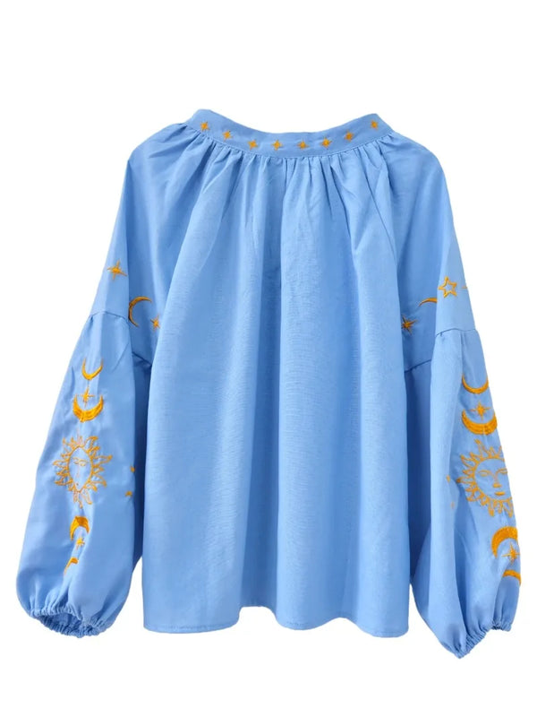 Aurora Luna Sol Embroidered Long Sleeve Blouse