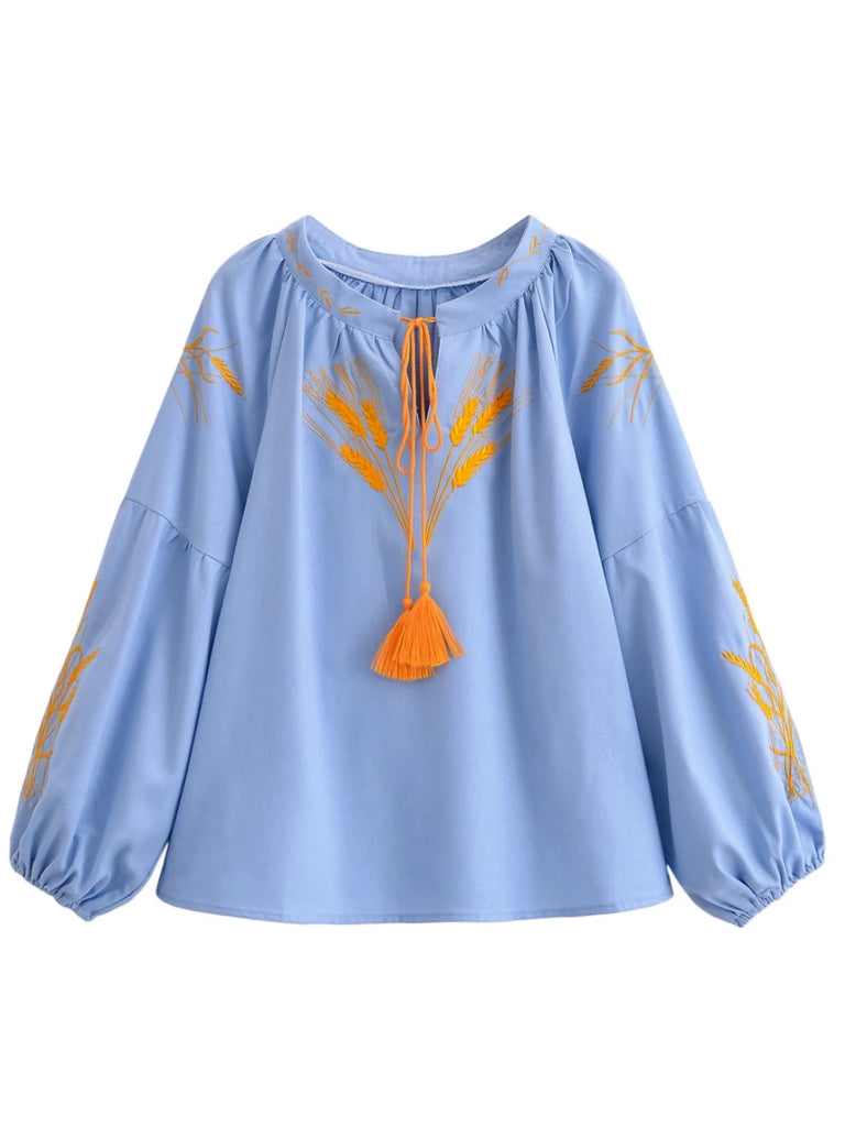Light Blue Meadow Embroidered Long Sleeve Blouse