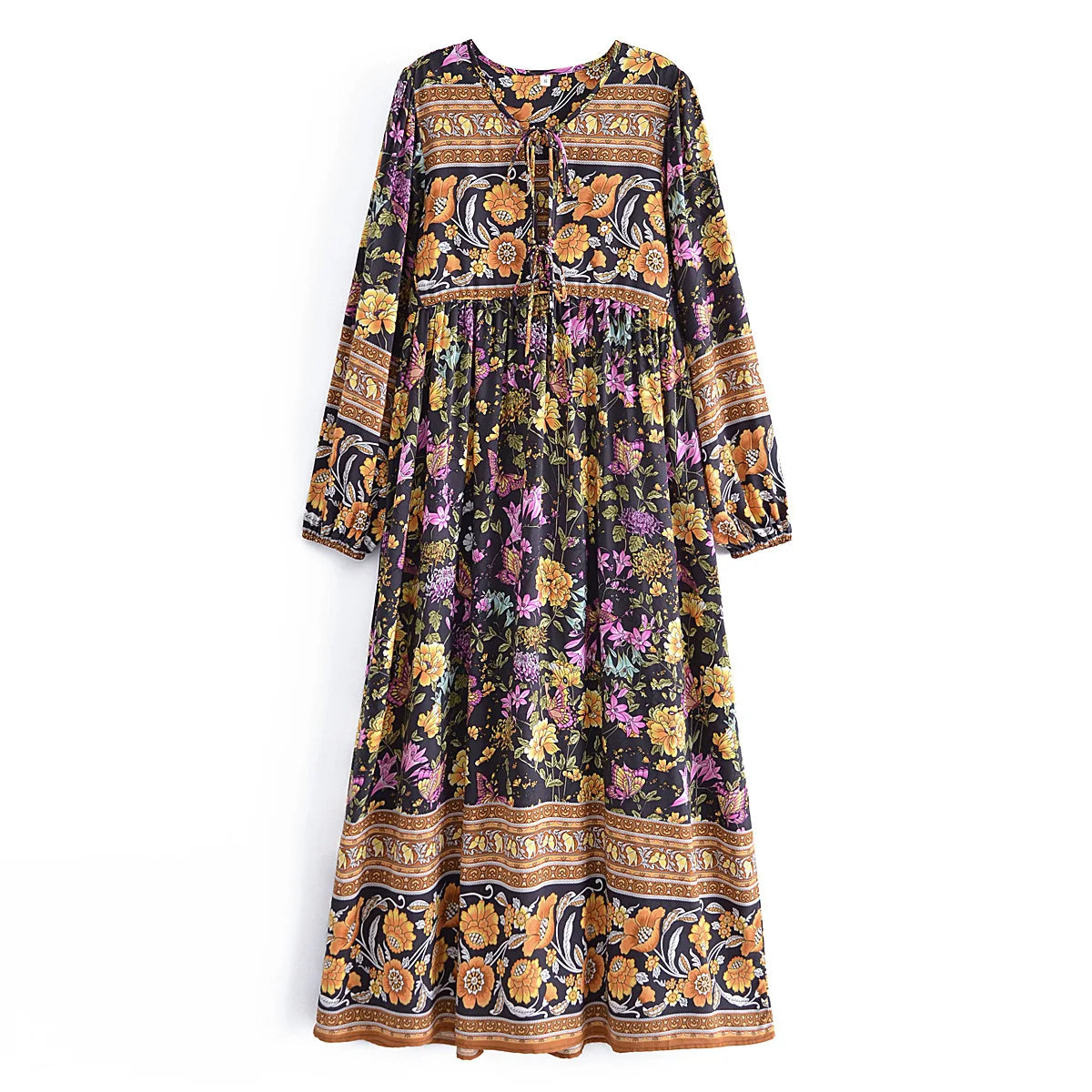 Black Butterfly Boho Floral Print Long Sleeve Maxi Dress Black / L Black Butterfly Boho Floral Print Long Sleeve Maxi Dress Black / L