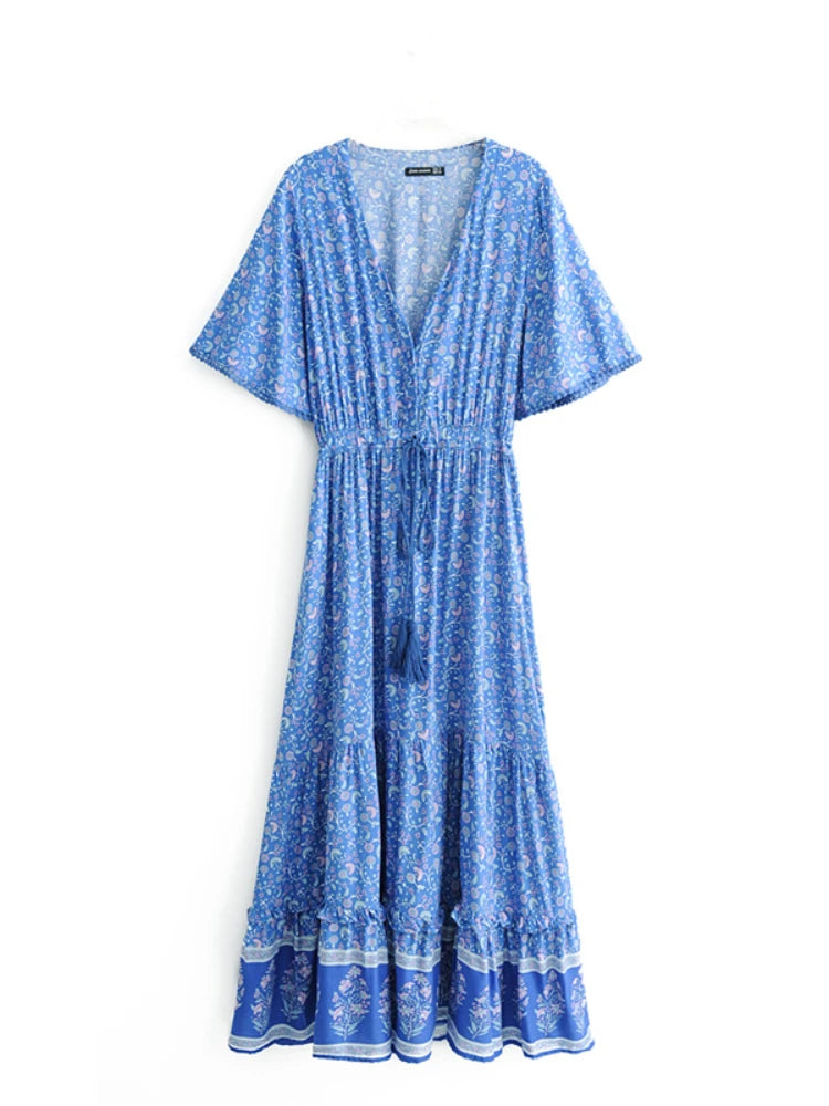 willow floral maxi dress Whispering Willow Boho Floral Print Maxi Dress Blue / XL