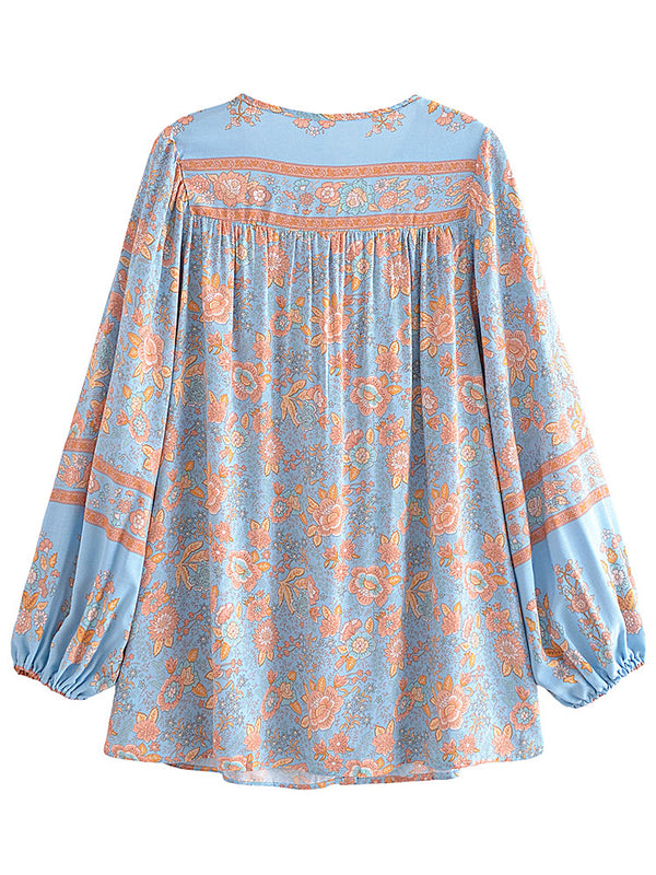 Blue Whisper Boho Floral Print Long Sleeve Blouse