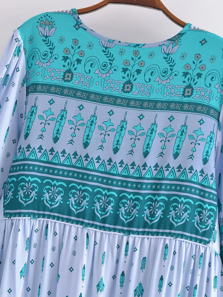 Ethereal Gypsy Feather Boho Floral Long Sleeve Maxi Dress Blue / S