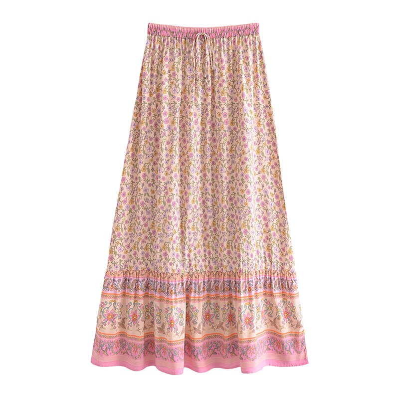 Dreamy Pink Floral Print Boho Maxi Skirt