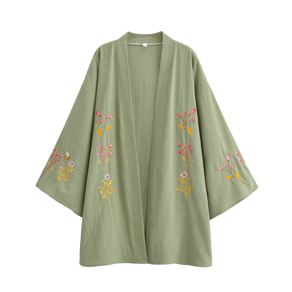 Sage Meadow Floral Embroidered Kimono Cardigan