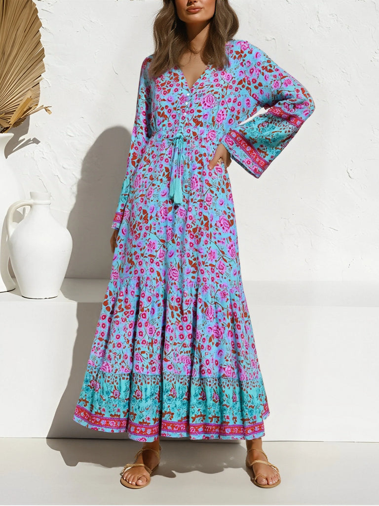 boho rose dress Women's Long Flowy Bohemian Pink Floral Print Maxi Dress