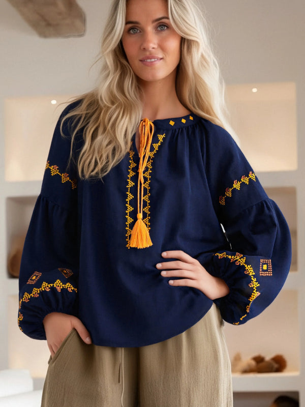 Navy Boho Embroidered Long Sleeve Blouse