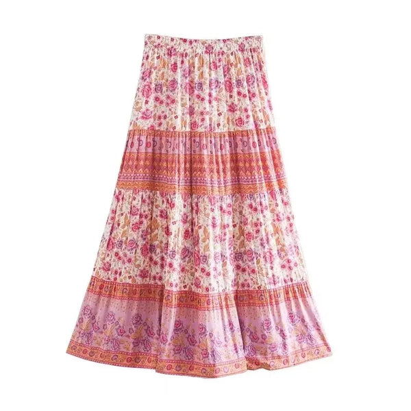 Pink Wildflower Boho Floral Print Midi Skirt