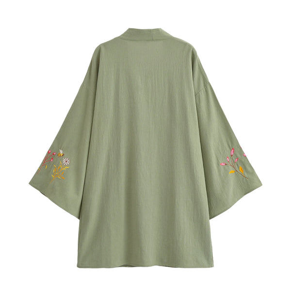 Sage Meadow Floral Embroidered Kimono Cardigan