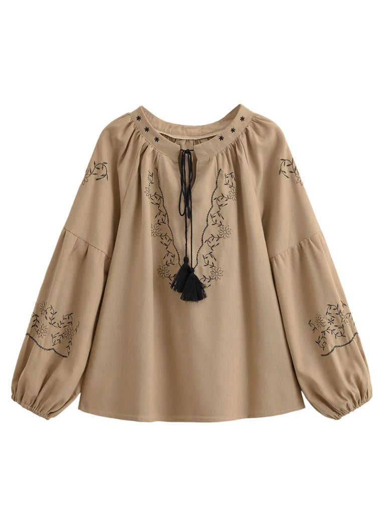 Beige Floral Embroidered Long Sleeve Blouse