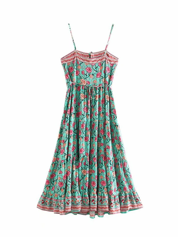 Ocean Jewel Boho Floral Print Midi Dress