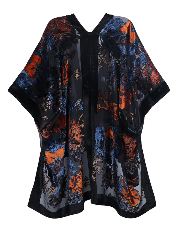 Mystic Ember Floral Print Velvet Burnout Kimono