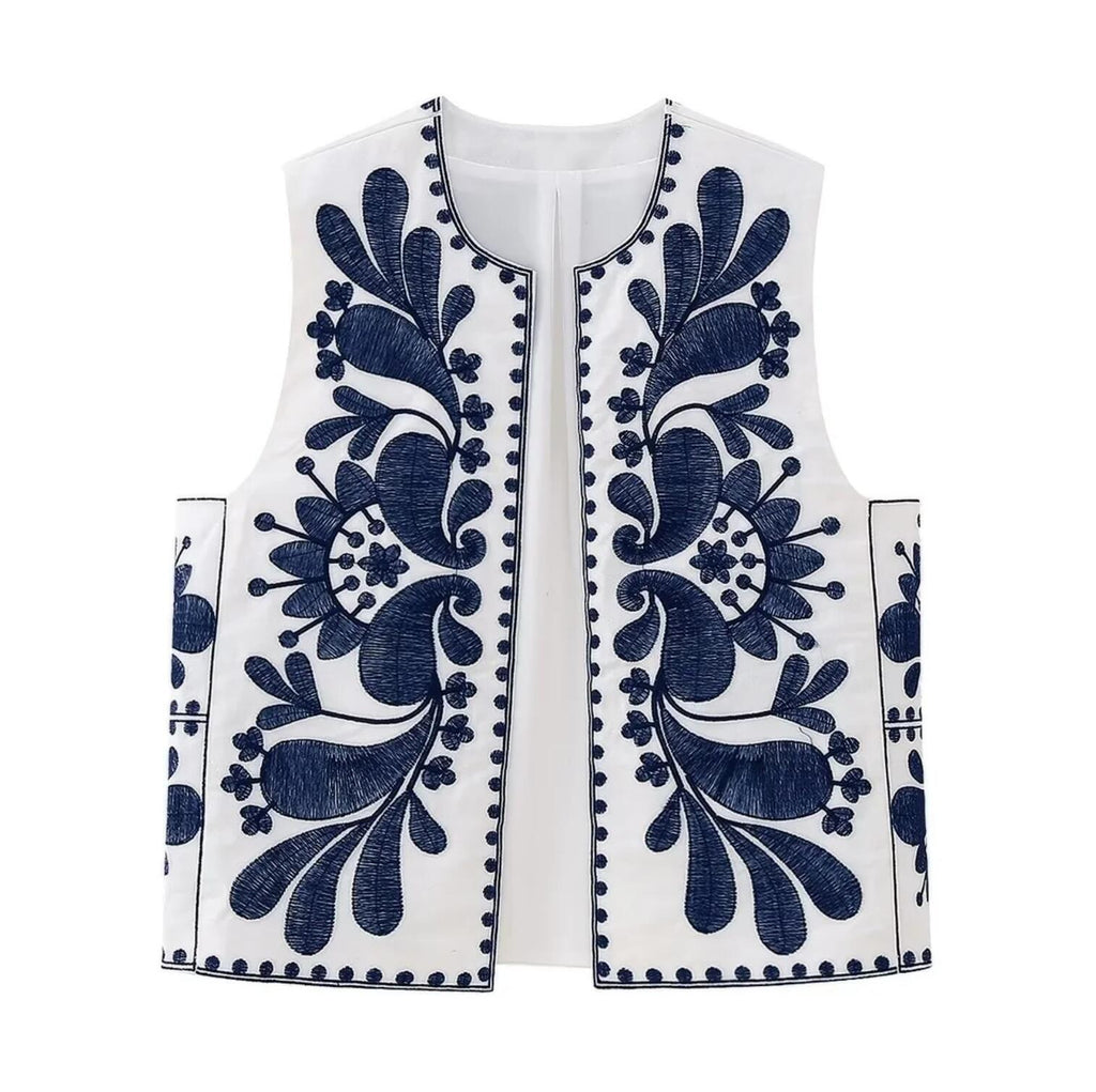 Blue Boho Floral Embroidered Vest