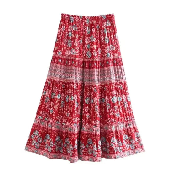 Scarlet Wildflower Boho Floral Print Midi Skirt