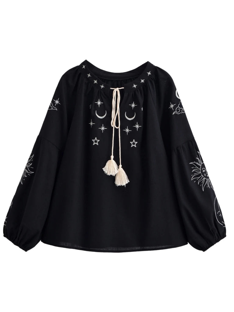 Black Celestial Embroidered Long Sleeve Blouse