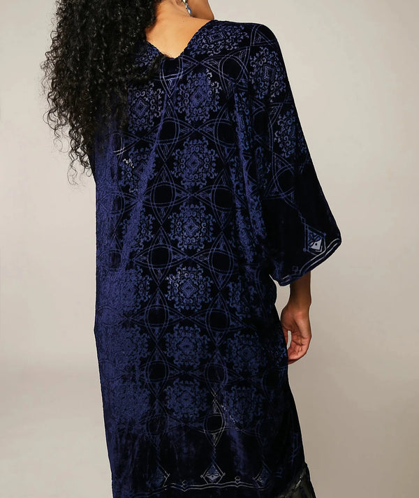 Royal Blue Floral Print Velvet Burnout Kimono