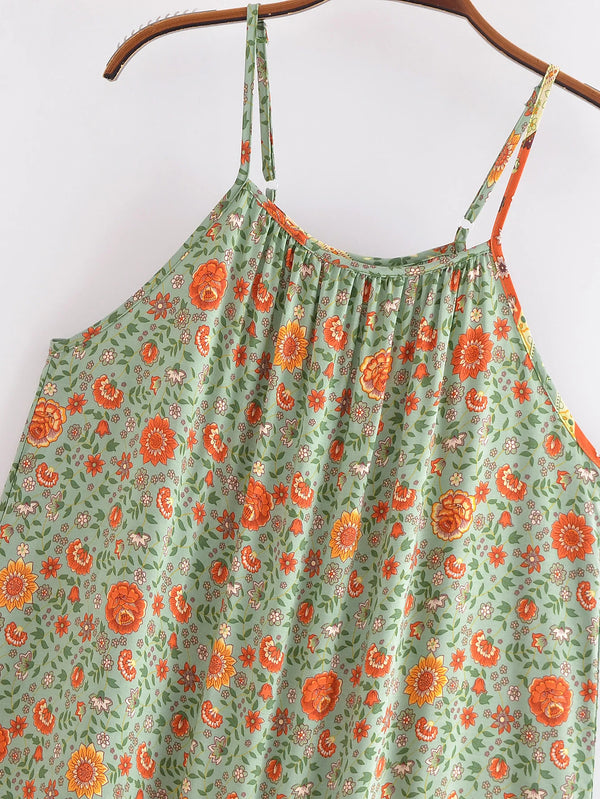 Green Whimsy Boho Floral Print Maxi Dress