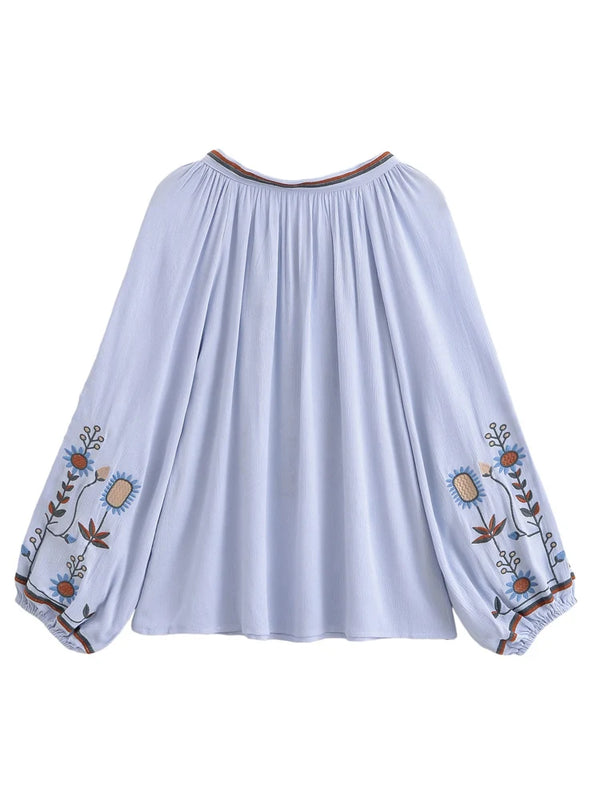 Willow Sky Floral Embroidered Long Sleeve Blouse