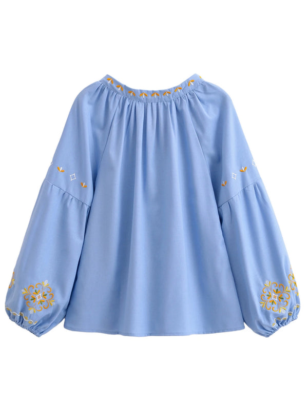 Light Blue Folk Embroidered Long Sleeve Blouse