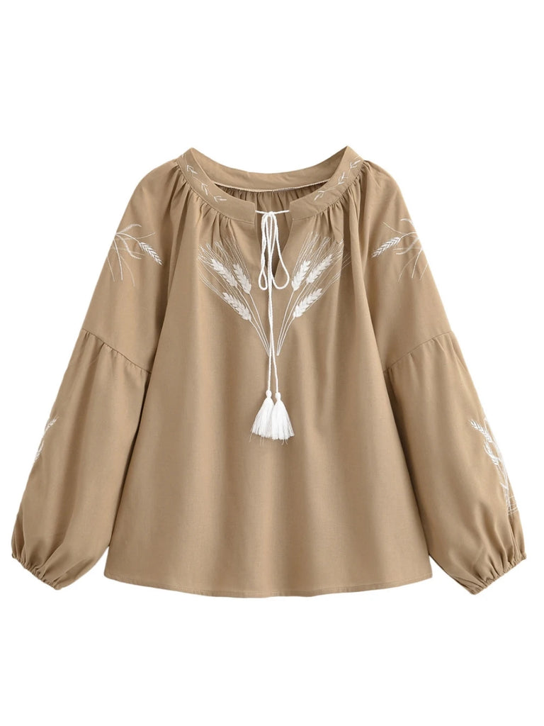 Sand Meadow Embroidered Long Sleeve Blouse