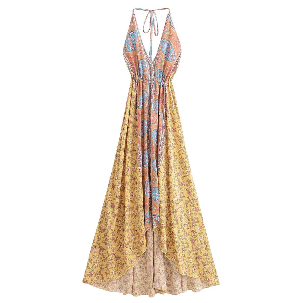 dreamer maxi dress Sunset Dreamer Boho Floral Print Maxi Dress Yellow / L
