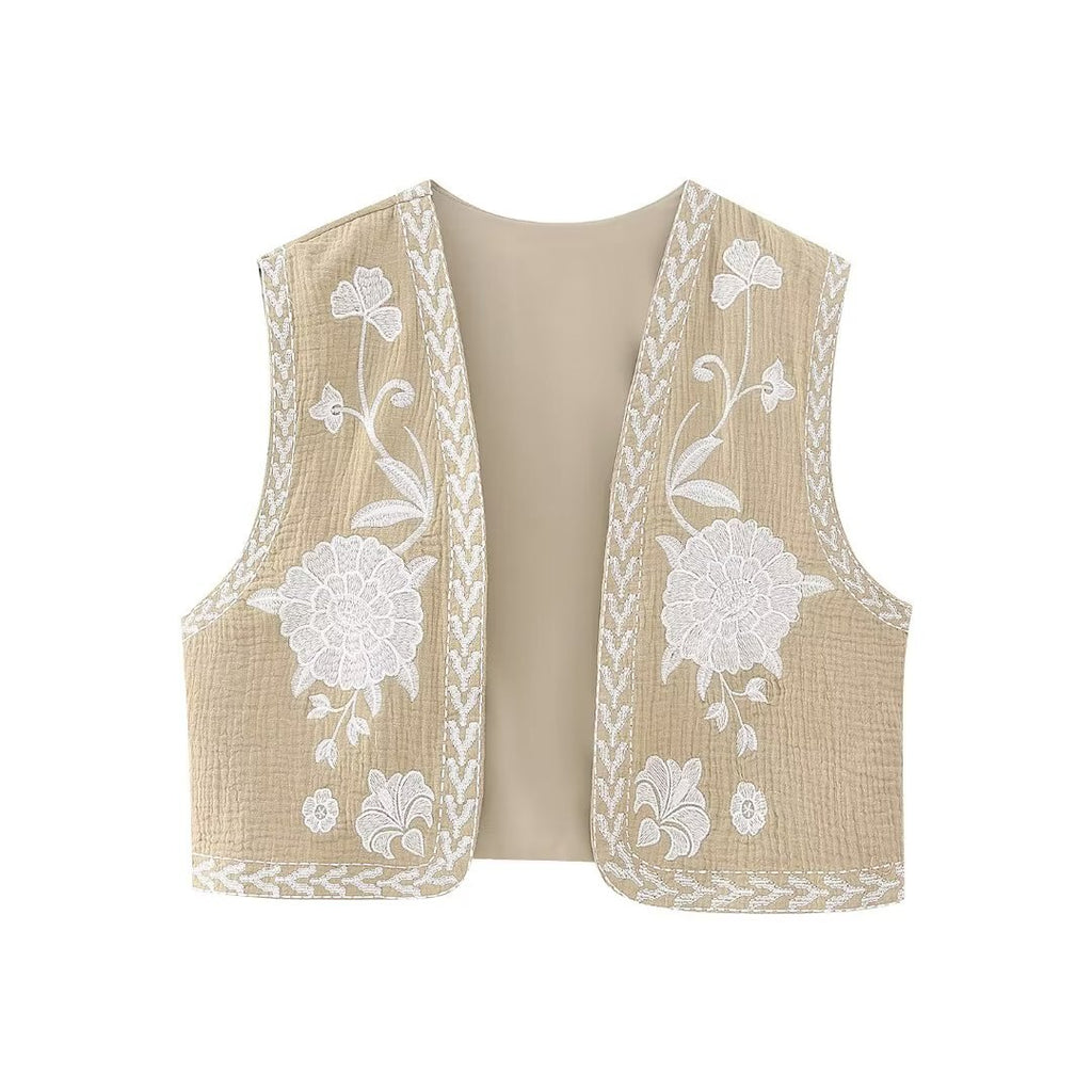 Khaki Blooms Boho Floral Embroidered Vest