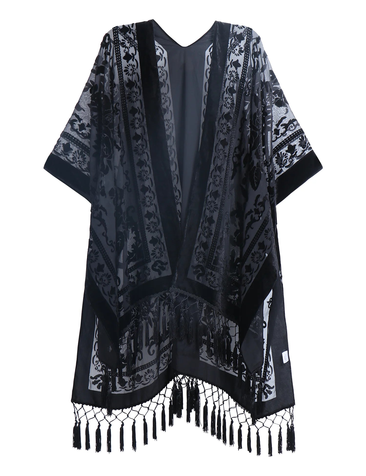 Black Floral Print Velvet Burnout Kimono Queen Boheme