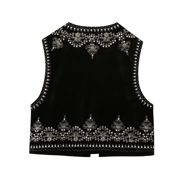 Black Boho Sequin Embroidered Vest