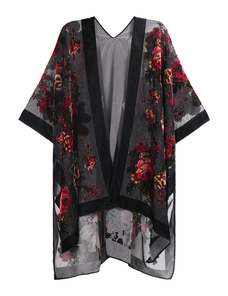 Black Rose Floral Print Velvet Burnout Kimono