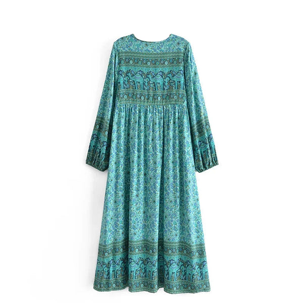 Calypso Camel Boho Floral Print Long Sleeve Maxi Dress