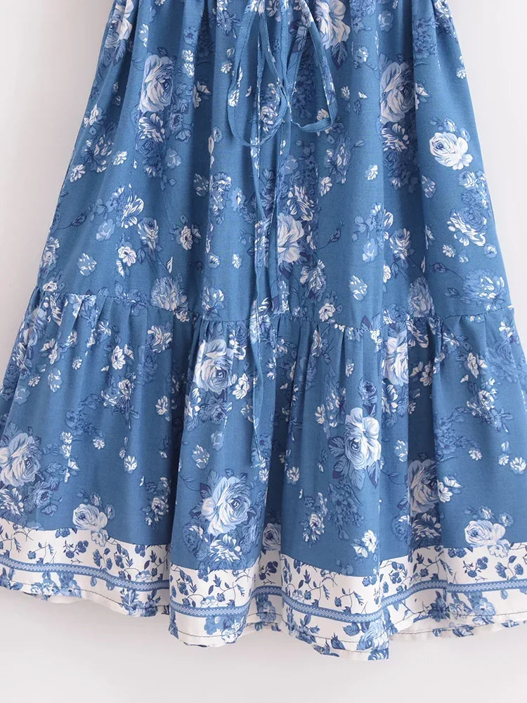 Cottage Blue Boho Floral Print Mini Dress Blue / M