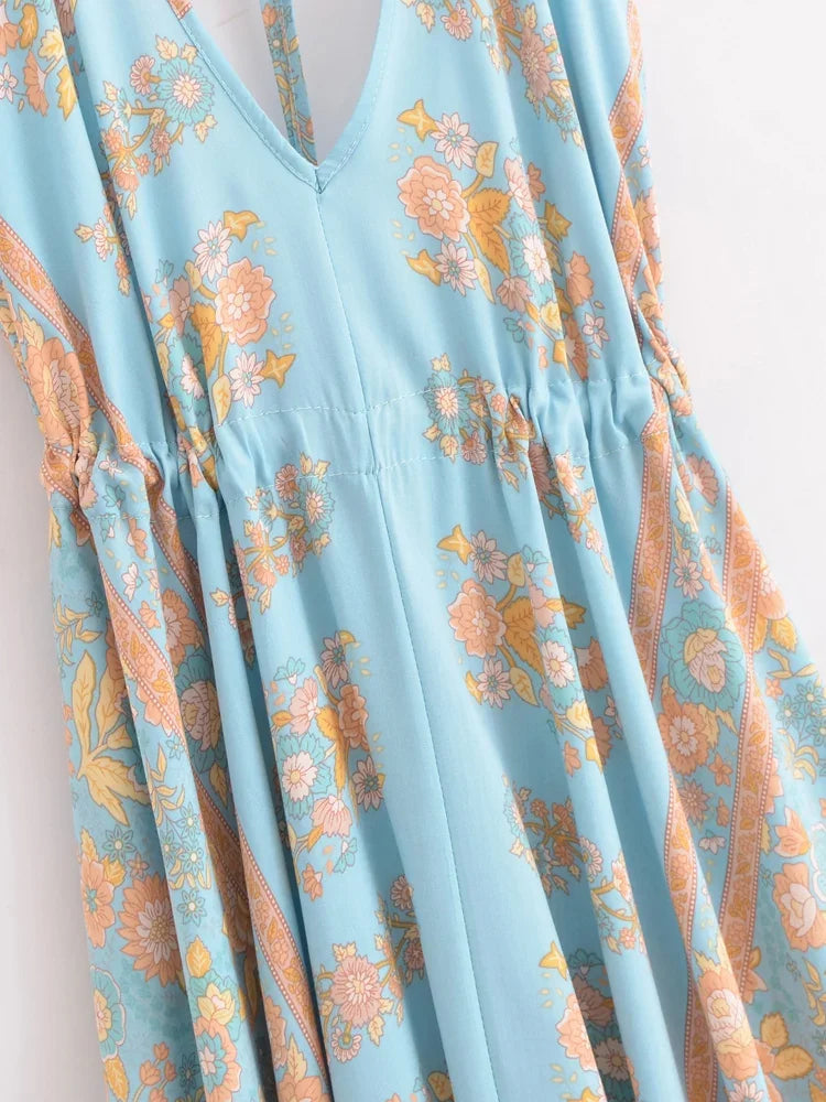 blue mexican dress Enchanted Blue Boho Floral Print Maxi Dress Light Blue / S