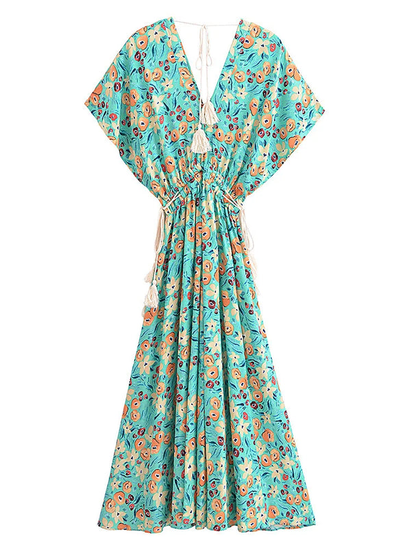 Evergreen Floral Boho Floral Print Midi Dress