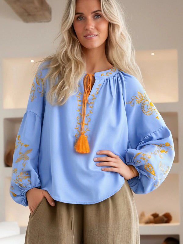 Blue Bird Floral Embroidered Long Sleeve Blouse