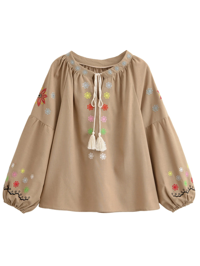Sand Bloom Embroidered Long Sleeve Blouse