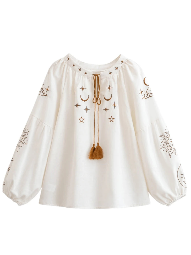 White Celestial Embroidered Long Sleeve Blouse