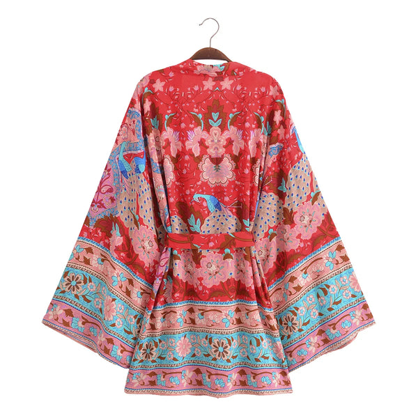 Fiery Red Peacock Boho Floral Print Short Robe