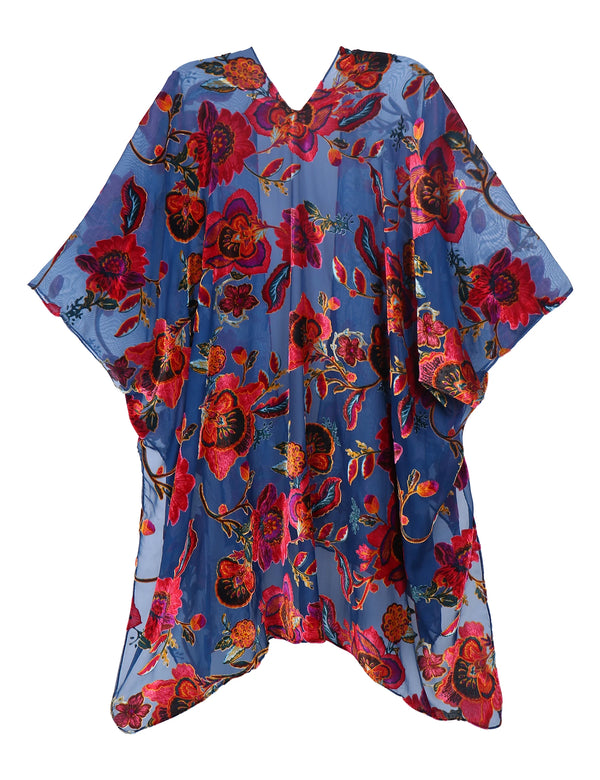 Indigo Dream Floral Print Velvet Burnout Kimono