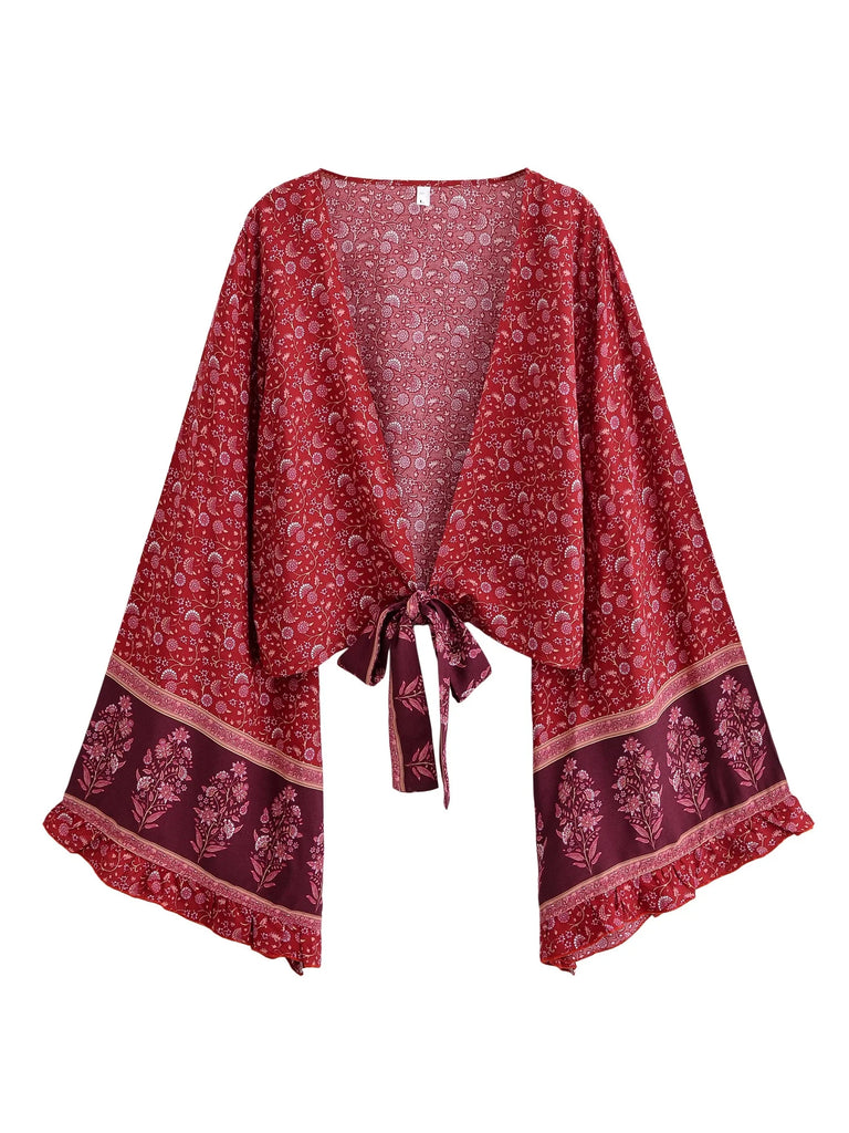 Crimson Blossom Boho Floral Print Long Sleeve Crop Top