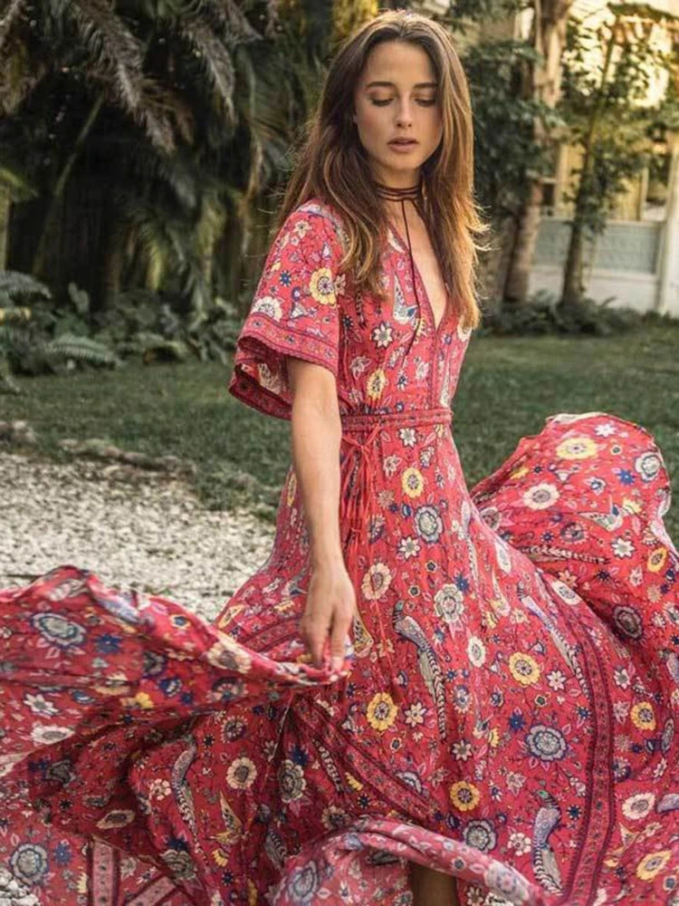 Red Songbird Boho Floral Print Midi Dress Red / S