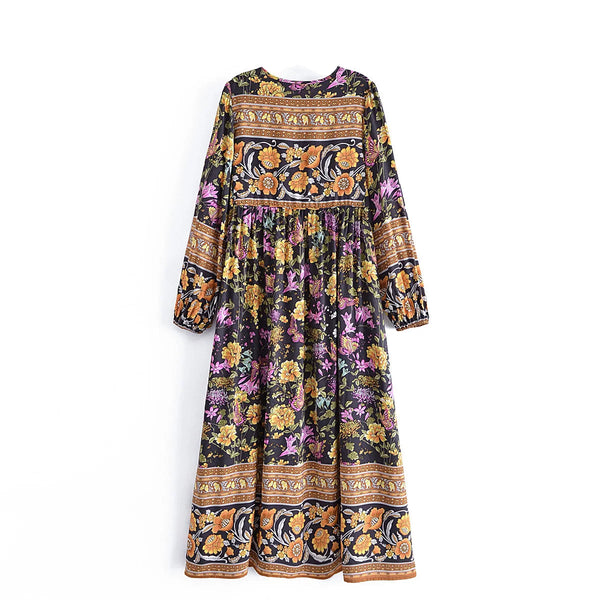 Black Butterfly Boho Floral Print Long Sleeve Maxi Dress