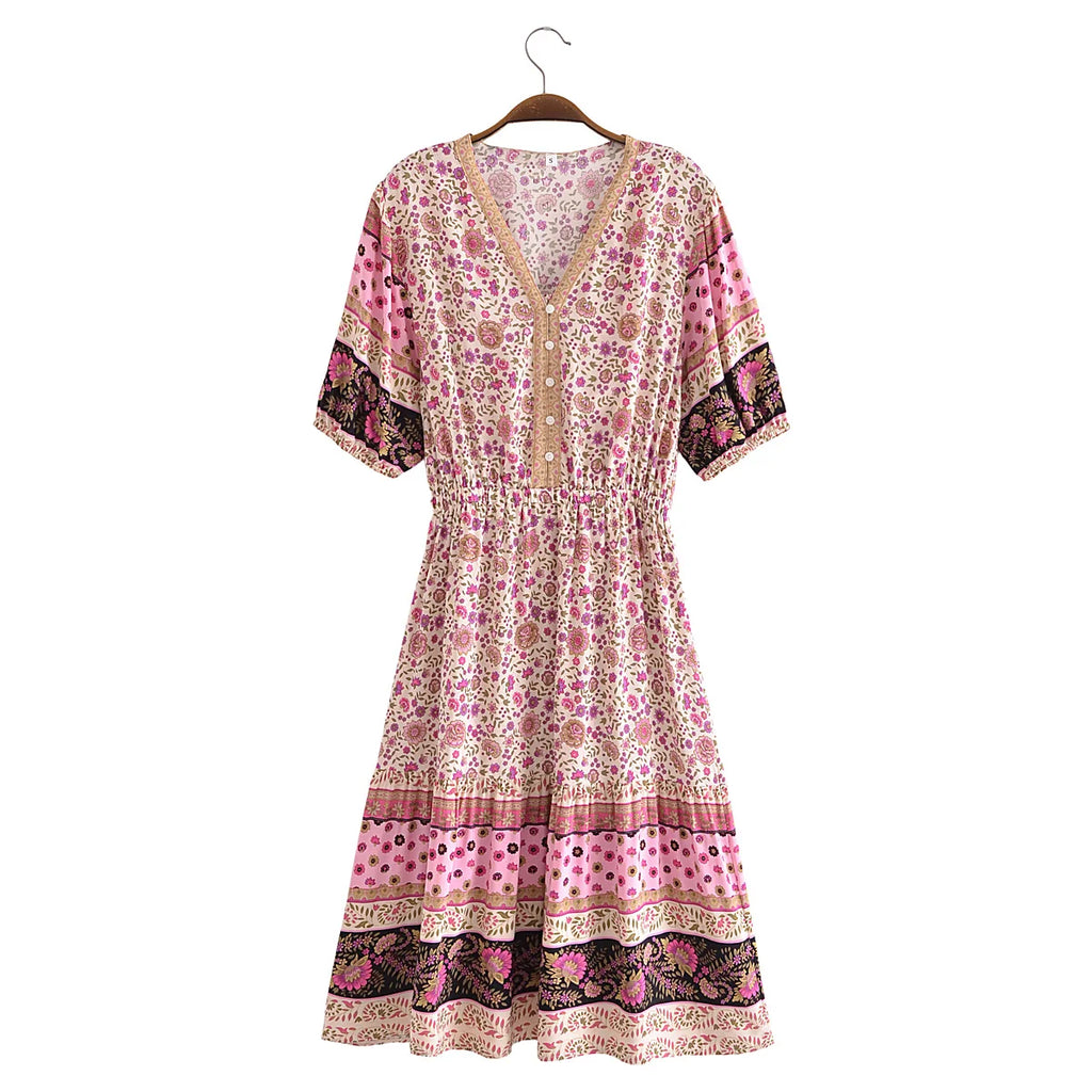 Pink Whimsy Boho Floral Print Midi Dress