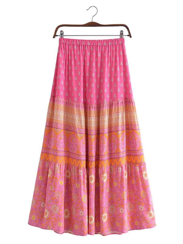 Capri Pink Floral Print Boho Maxi Skirt