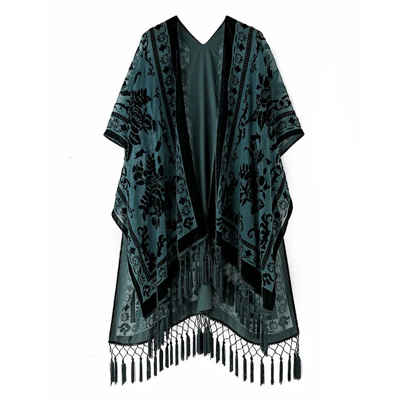 Emerald Floral Print Velvet Burnout Kimono