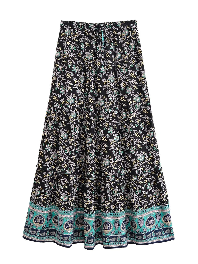 Midnight Blossom Floral Print Boho Maxi Skirt
