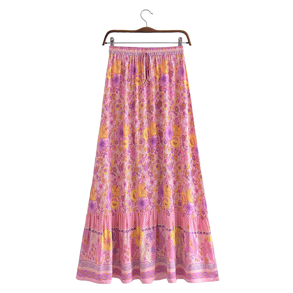 Pink Hibiscus Boho Floral Print Maxi Skirt