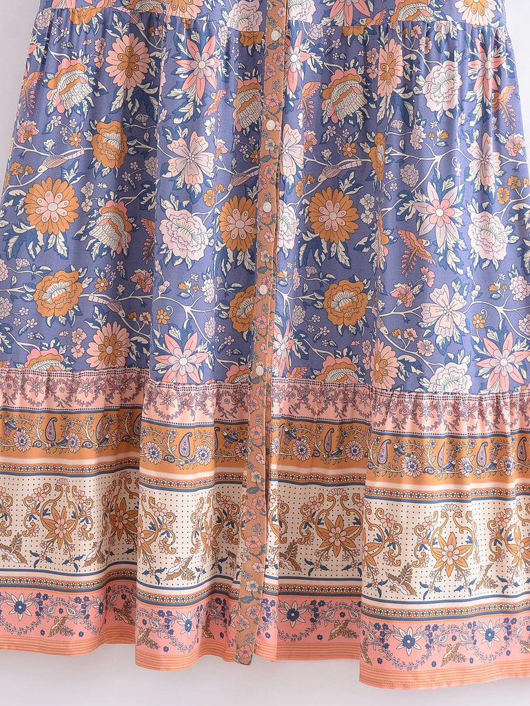 lovebird maxi dress Blue Lovebirds Boho Floral Print Long Sleeve Maxi Dress – Queen Boheme