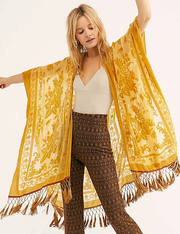 Golden Glow Floral Print Velvet Burnout Kimono